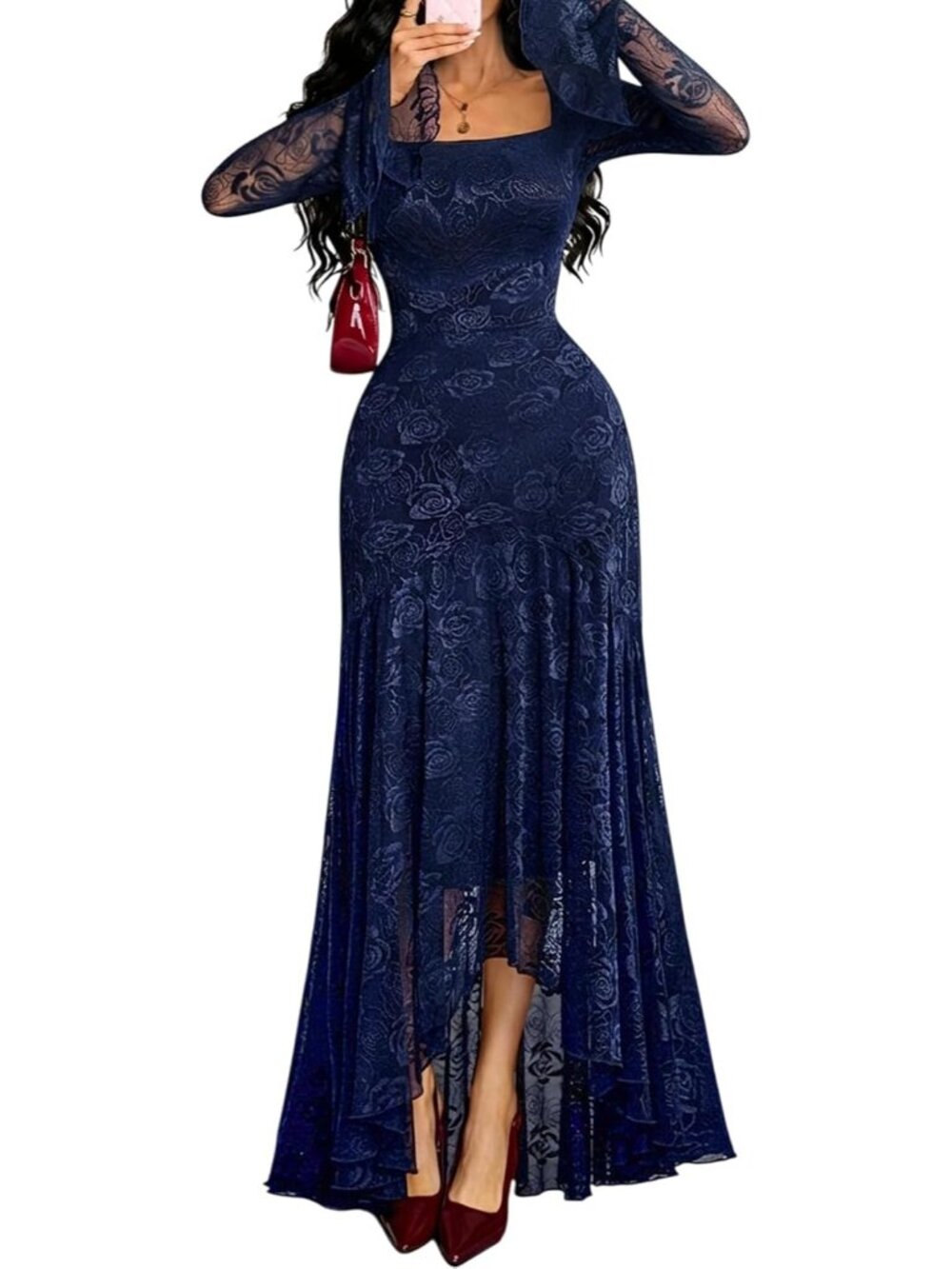Women's Navy Blue Ruffle Sleeves Lace Maxi Square Neck Floral Sheer Dress